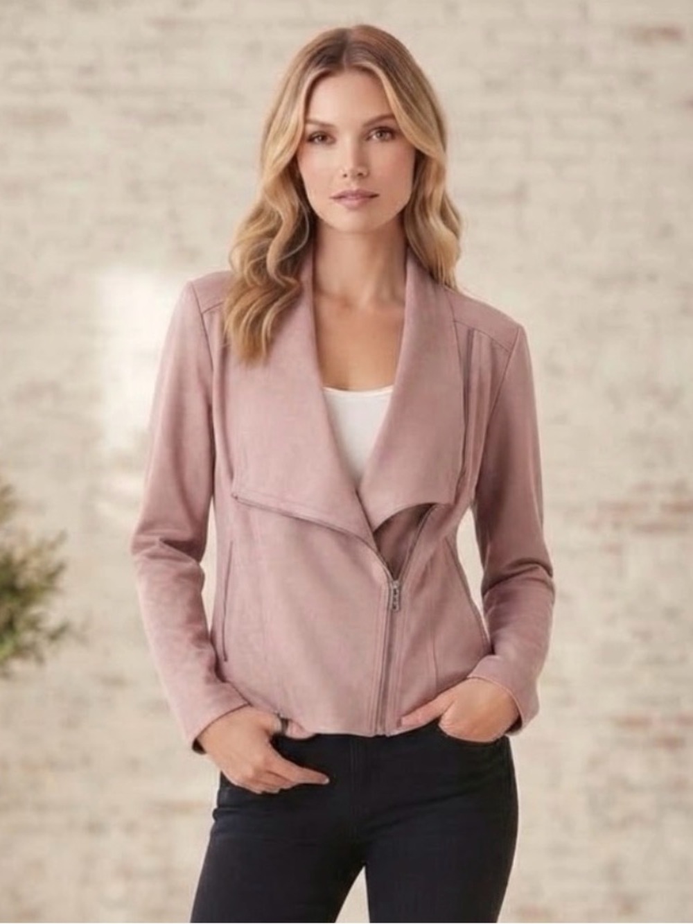 Mote Pink Faux Suede Drape Moto Jacket Asymmetrical Zip Size Large